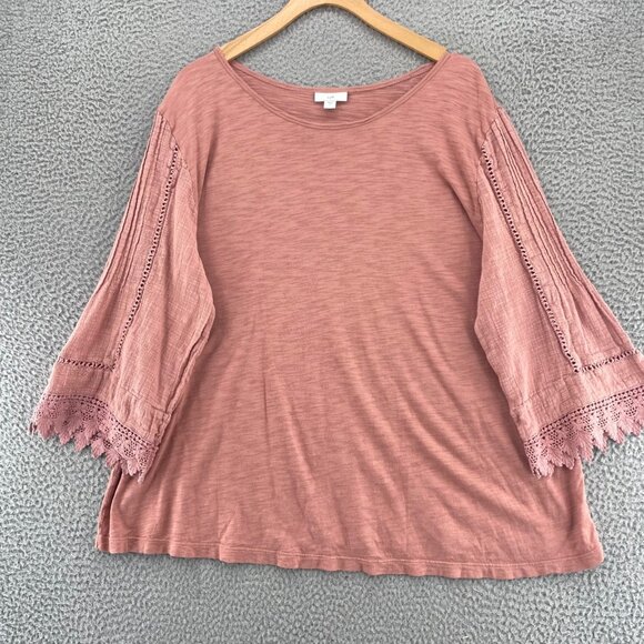 J Jill Top Womens Extra Large Blush Pink Slub Knit 3/4 Sleeve Pleat Lace Stretch - Picture 1 of 10